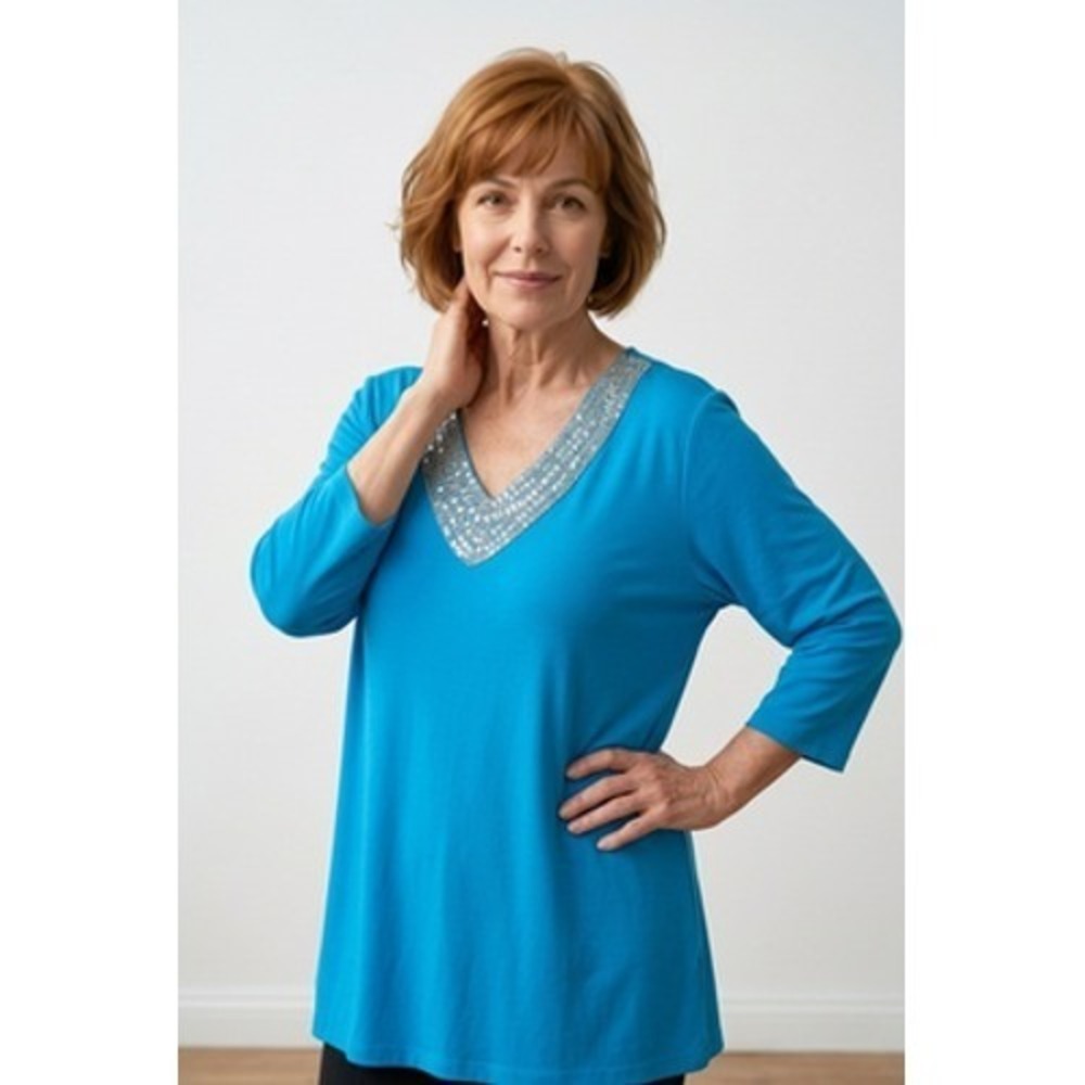 Susan Graver Top Women‎ 3X Blue Sequin Liquid Knit Travel Coastal Minimalist Mom